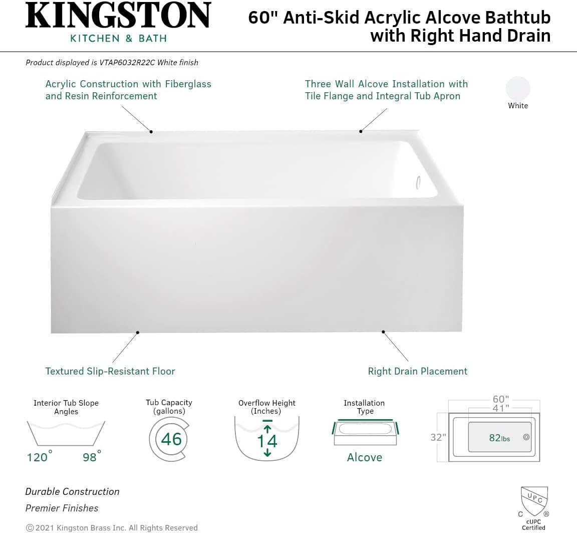 Kingston Brass VTAP6032R22C Kingston Brass Aqua Eden 60-Inch Acrylic Rectangular 3-Wall Alcove Tub with Anti-Skid Surface