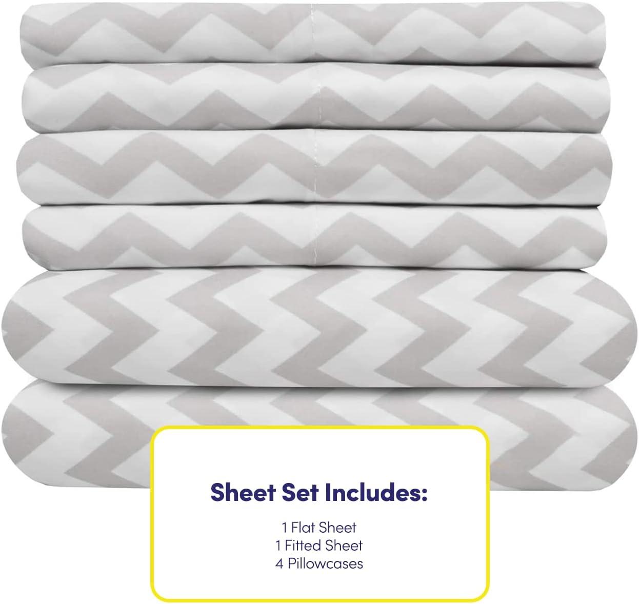 6 Piece Chevron Printed Gray Sheet Set, Deluxe Ultra Soft 1500 Series, Double Brushed Microfiber by Sweet Home Collection® - Queen