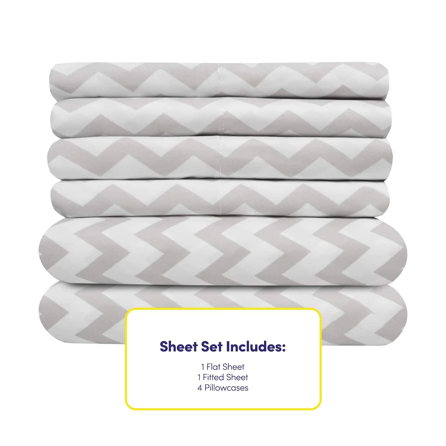 6 Piece Chevron Printed Gray Sheet Set, Deluxe Ultra Soft 1500 Series, Double Brushed Microfiber by Sweet Home Collection® - Queen