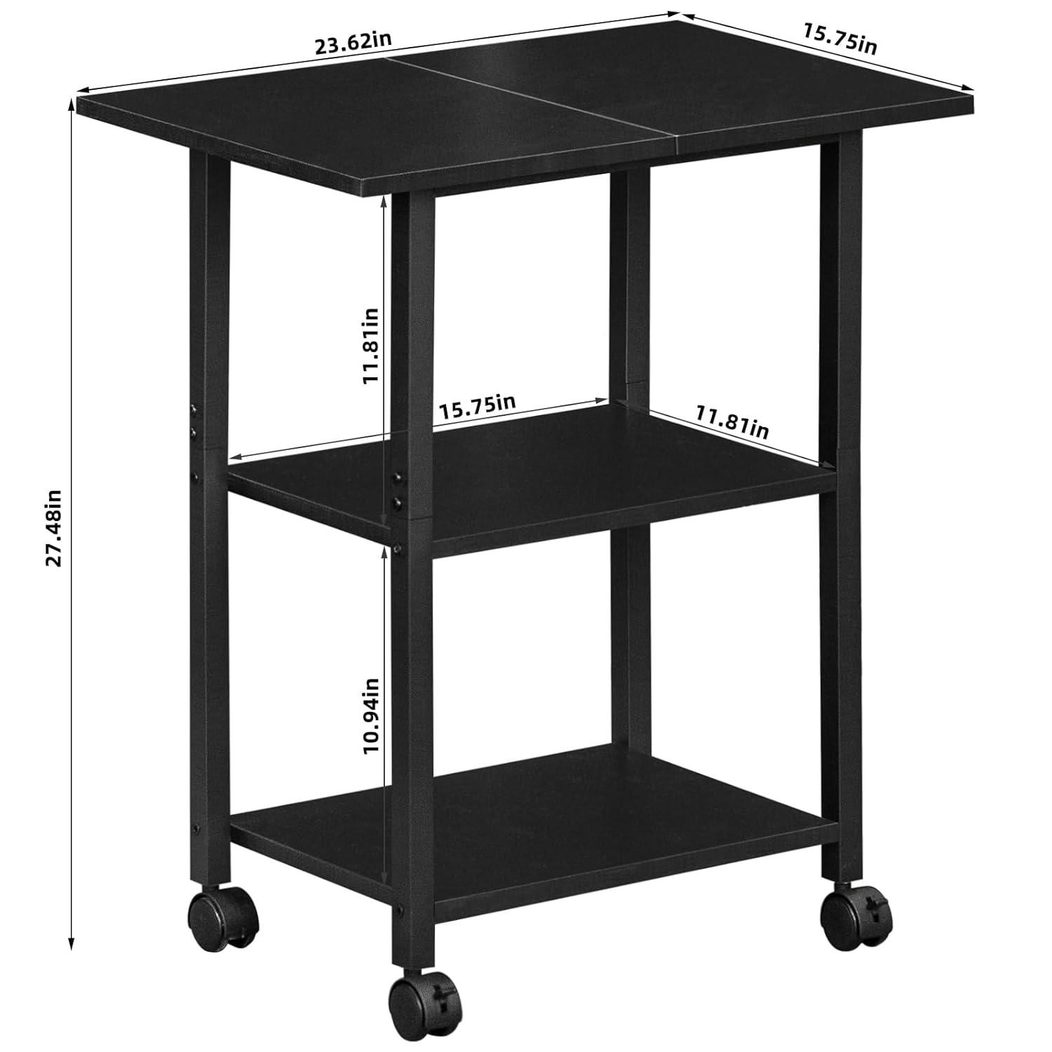 Lerliuo 3-Tier Printer Stand, Industrial Mobile Printer Table with Storage Shelf and Steel Frame, Rolling Printer Cart Holder with Lockable Wheels for Home, Office (Black)