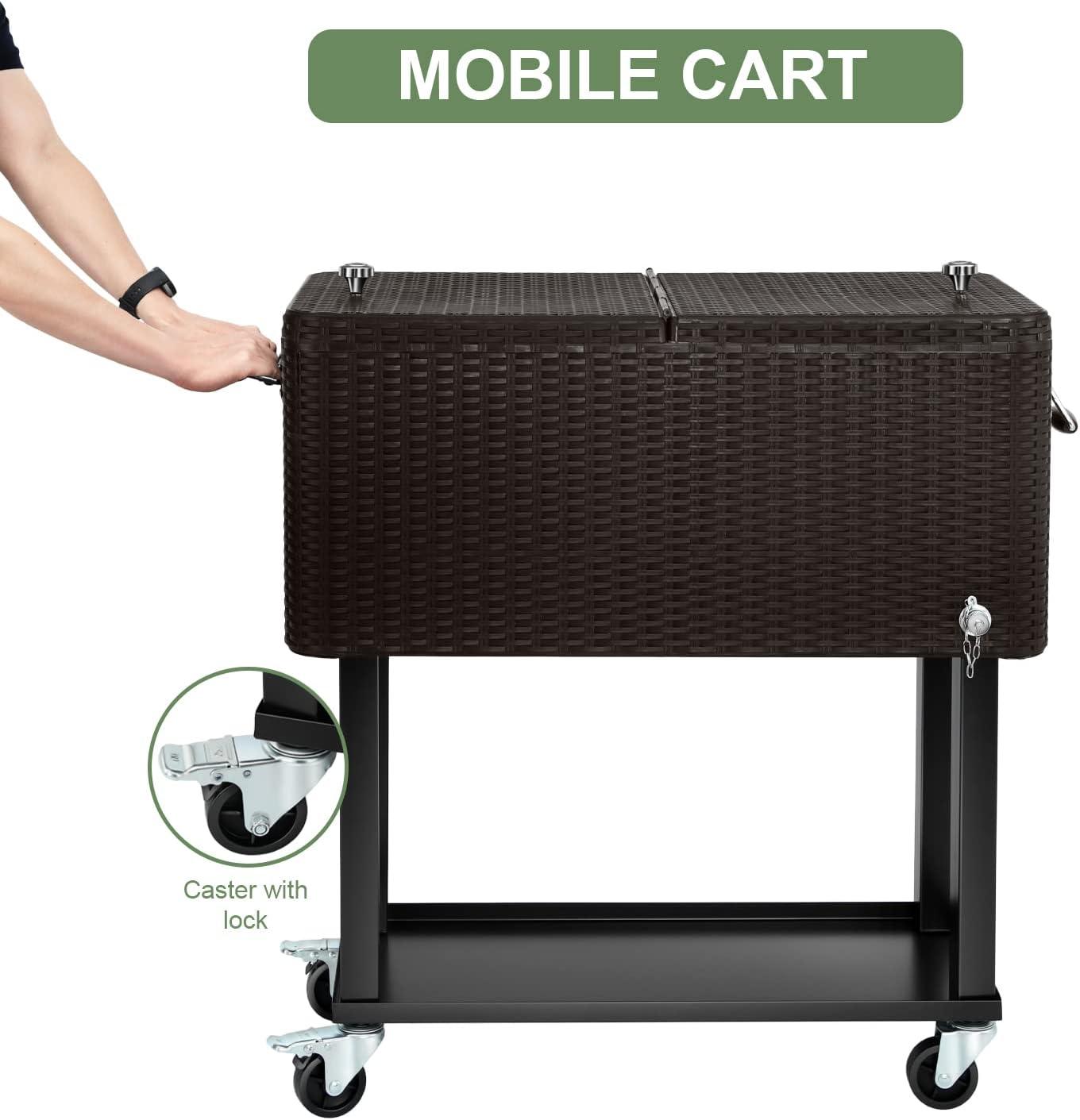 Bring Home Furniture Outdoor 80 Qt Rolling Cooler Cart, with Bottle Opener + Storage Shelf Camping Beverage Ice Chest