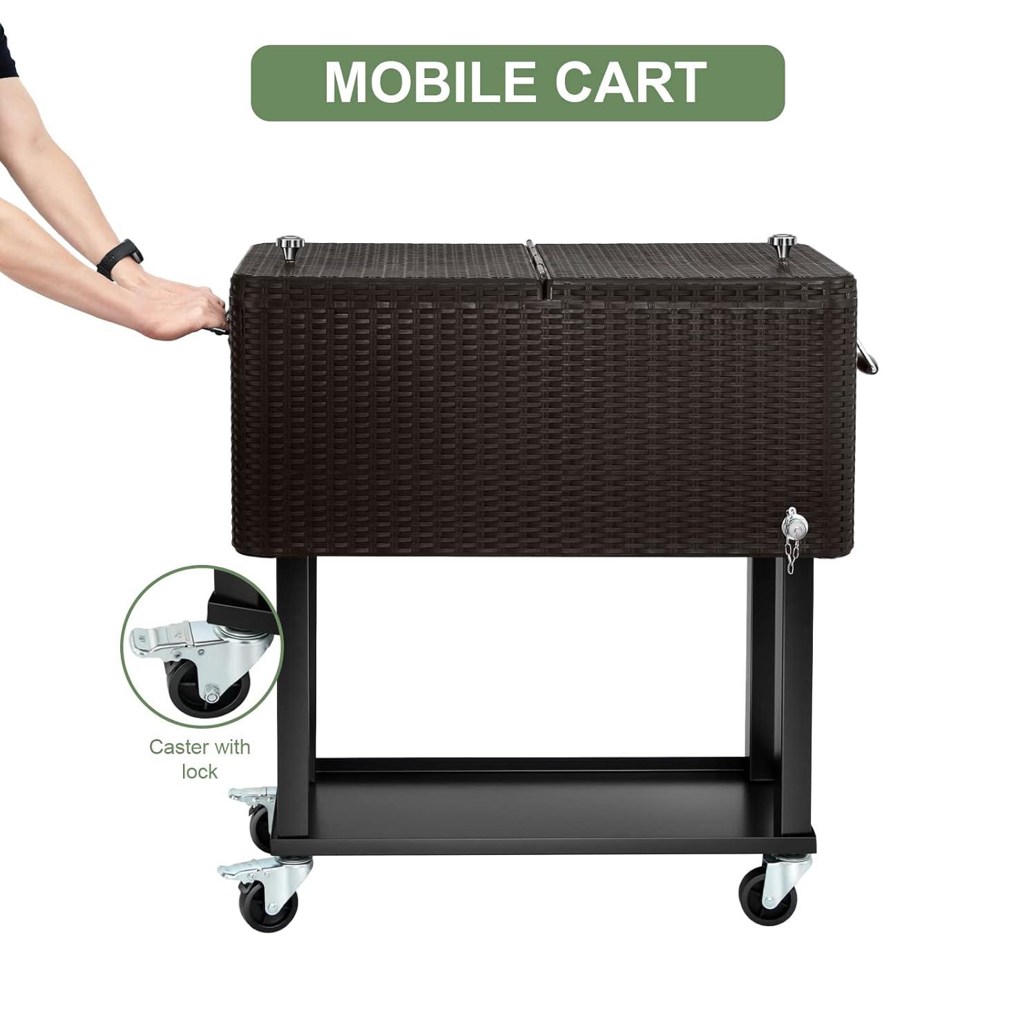 Bring Home Furniture Outdoor 80 Qt Rolling Cooler Cart, with Bottle Opener + Storage Shelf Camping Beverage Ice Chest