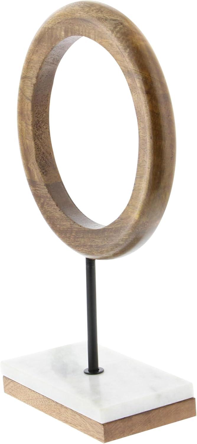 9" x 14" Brown Mango Wood Circle Geometric Sculpture with Marble Stand, by DecMode