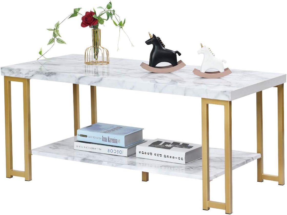 Tcbosik 2-Tier Rectangular Coffee Table with Golden Legs, Cocktail Table with Faux Marble Top, Center Table for Living Room Waiting Room, White