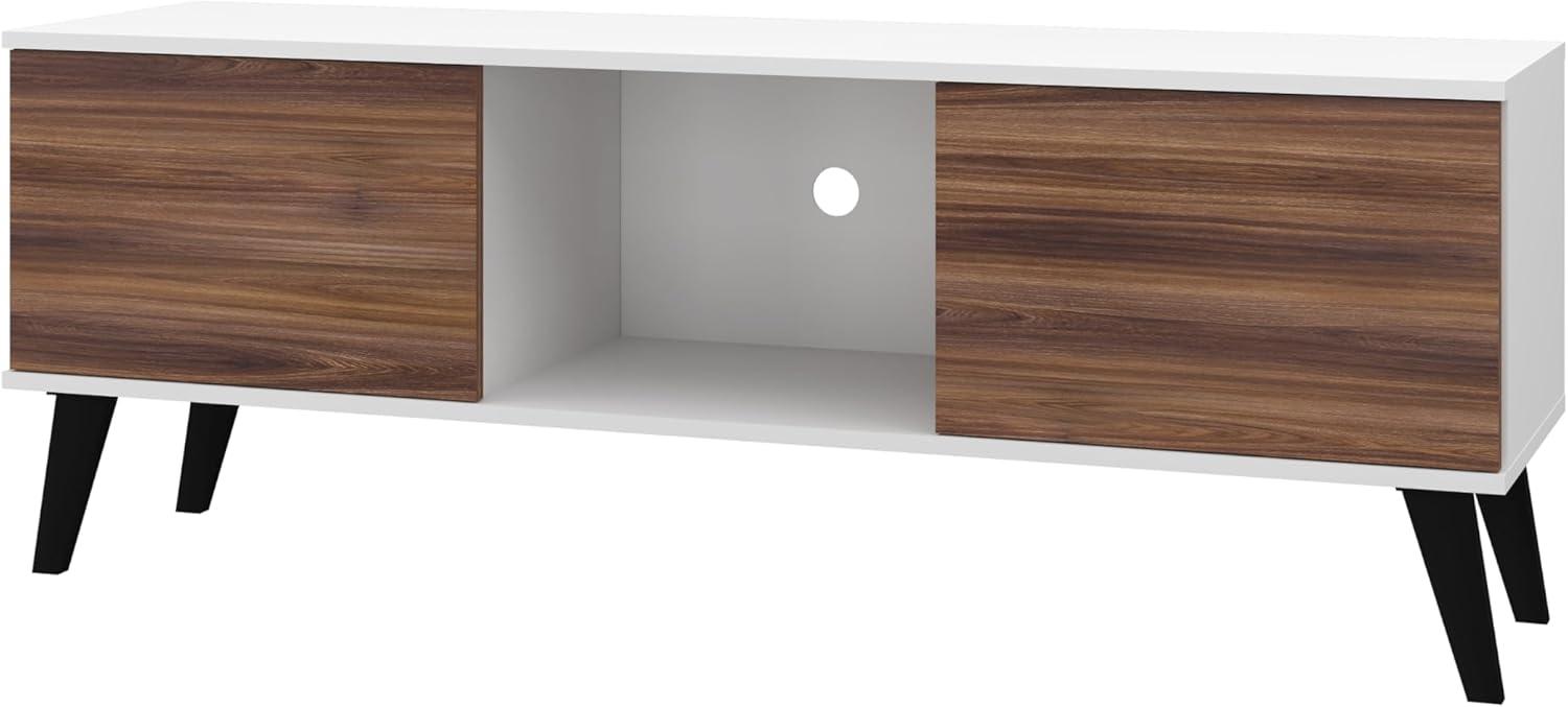 Manhattan Comfort Doyers 53.15" Mid Century TV Stand for Bedroom and Living Room Use, Entertainment Center with Storage, Shelf and Soft Close Doors, Ideal for 50 Inch Screens, White/Nut Brown