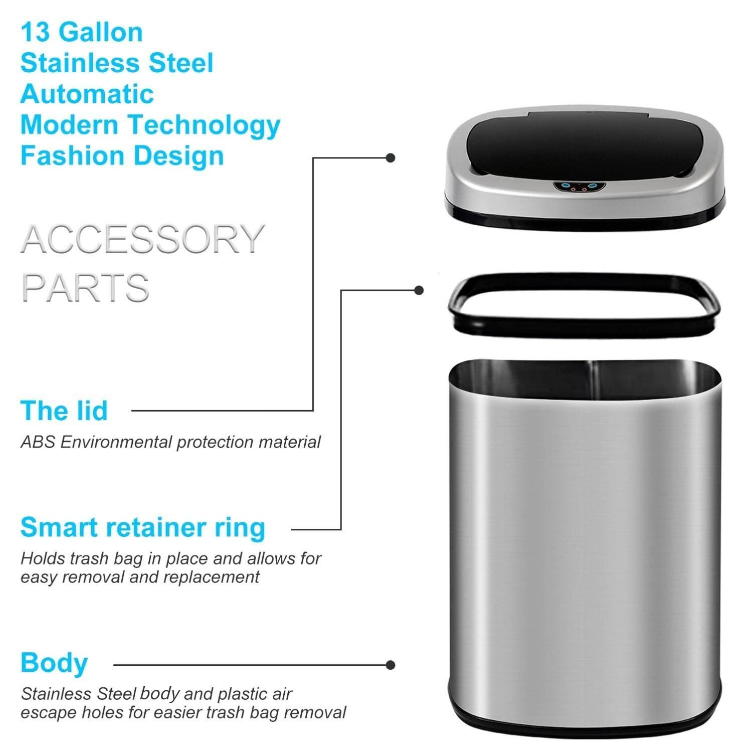 FDW Kitchen Trash Can with Lid, 13 Gallon Automatic Garbage Can for Bathroom Bedroom Home Office 50 Liter Touch Free Stainless Steel Waste Bin,Black