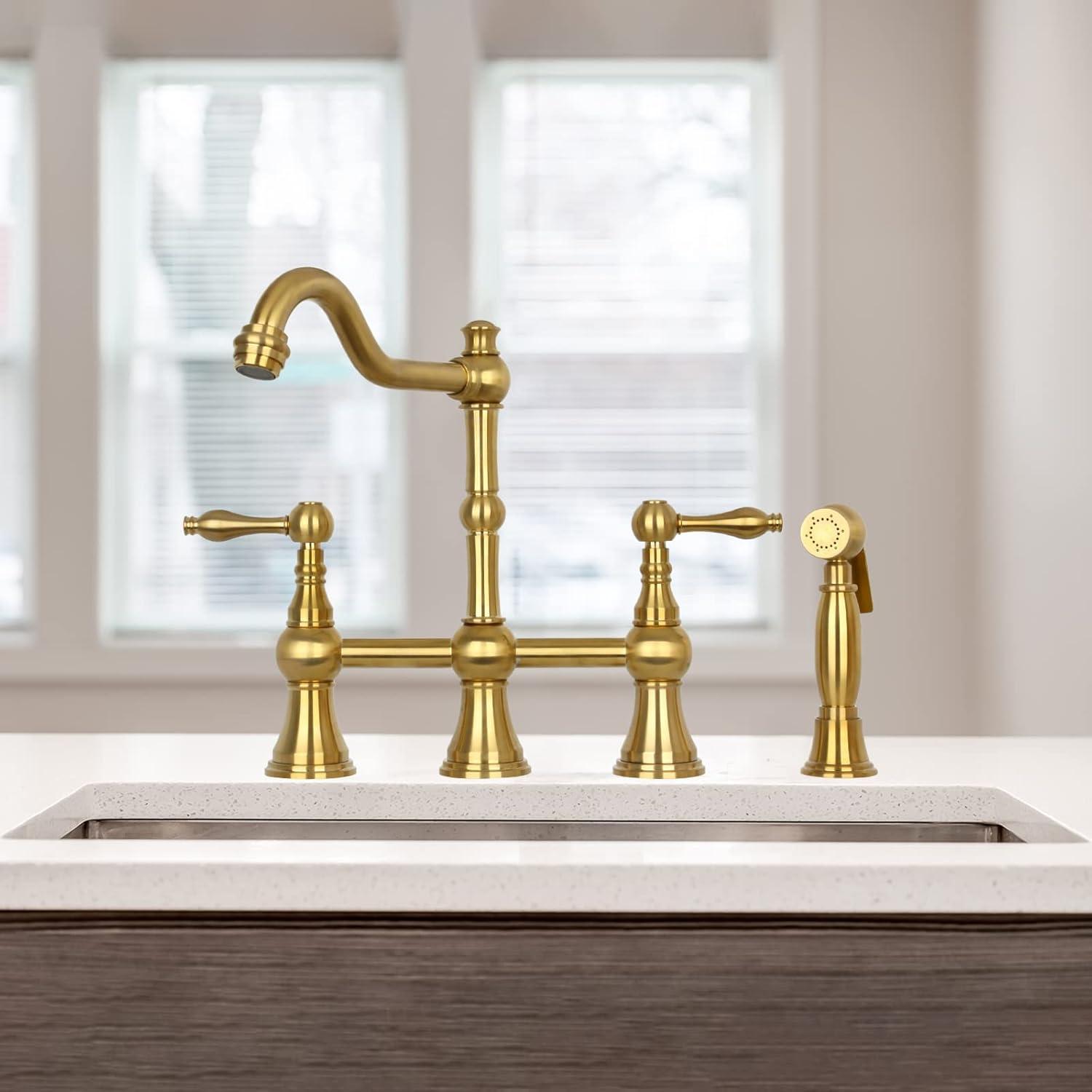 Brass Heritage Bridge Kitchen Faucet with Side Spray 2 Handles