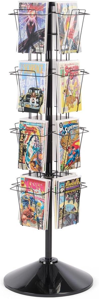 Rotating Wire Magazine Rack with 16 Pocket and Sign Holder - Black