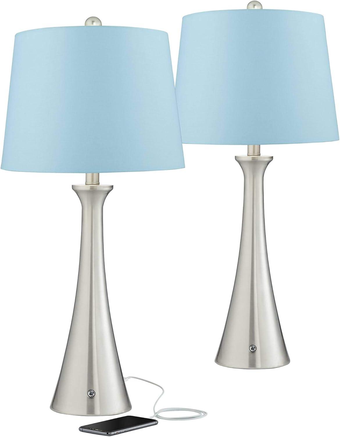 360 Lighting Karl Modern Table Lamps 27 1/2" Tall Set of 2 Brushed Nickel with USB and AC Power Outlet in Base Blue Hardback Drum Shade for Bedroom