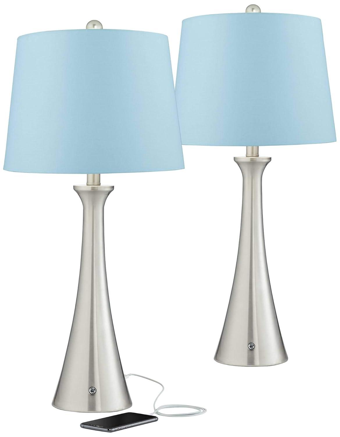 360 Lighting Karl Modern Table Lamps 27 1/2" Tall Set of 2 Brushed Nickel with USB and AC Power Outlet in Base Blue Hardback Drum Shade for Bedroom