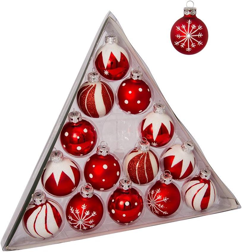 Kurt Adler Red and White Decorated Glass Ball Christmas Ornaments 15 Pieces