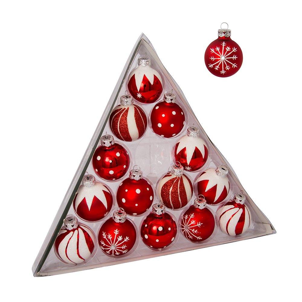 Kurt Adler Red and White Decorated Glass Ball Christmas Ornaments 15 Pieces