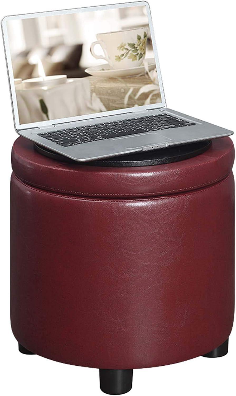 Designs4Comfort Round Accent Storage Ottoman with Reversible Tray Lid, Burgundy Faux Leather