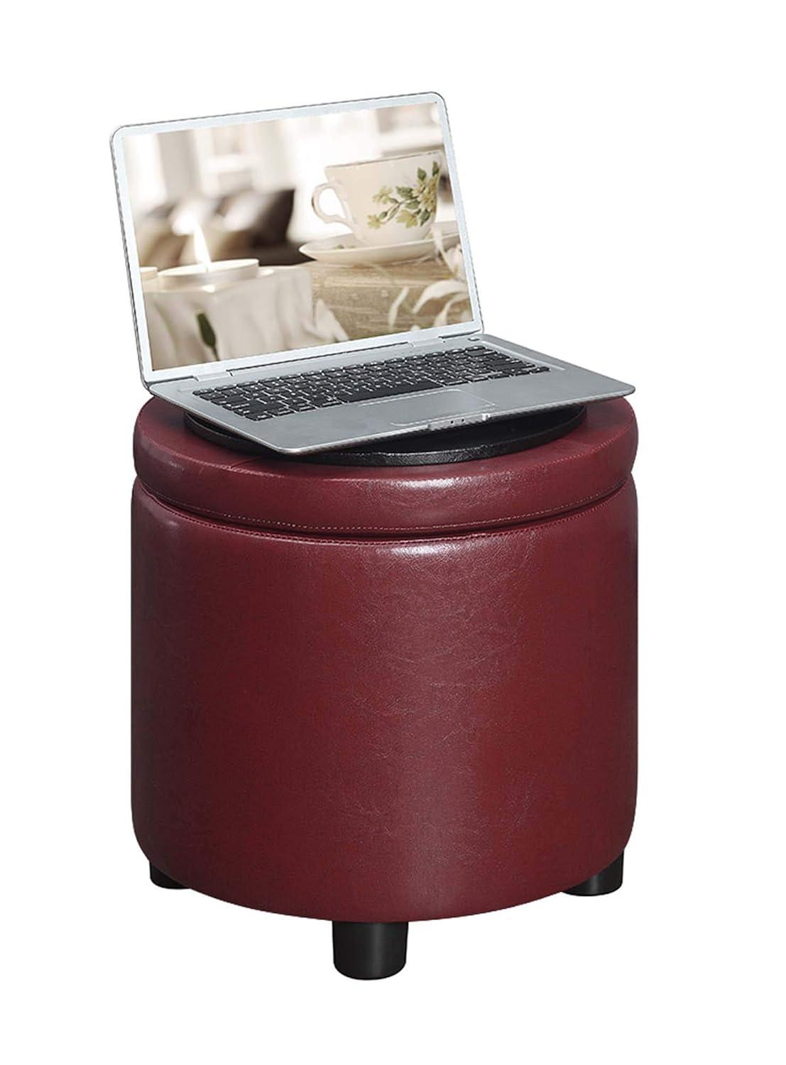 Burgundy Faux Leather Round Storage Ottoman with Reversible Tray