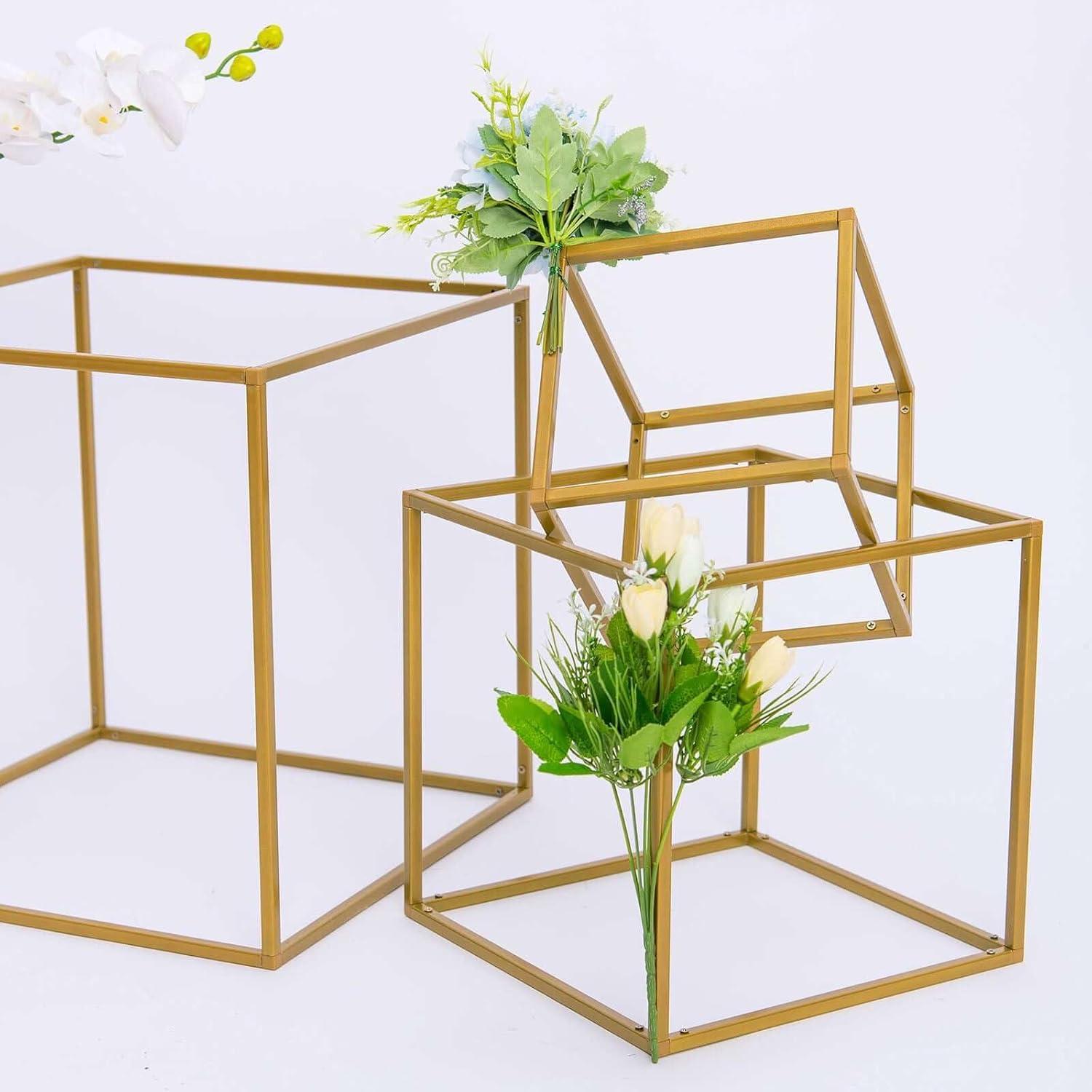 Efavormart 2 Pack 8" Square Gold Wedding Flower Stand Metal Column Stand Geometric Cube Vase