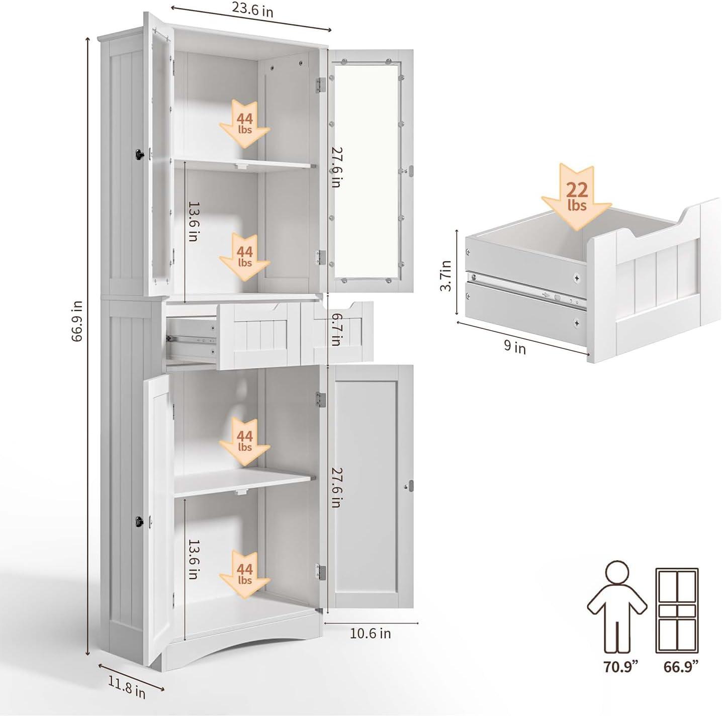 Gizoon 67" Tall Storage Cabinet, Freestanding Kitchen Pantry Cabinet with Glass Door & 2 Shelves & 2 Drawers, Stylish Linen Storage Cabinet for Home, Bathroom, Living Room, Office, White