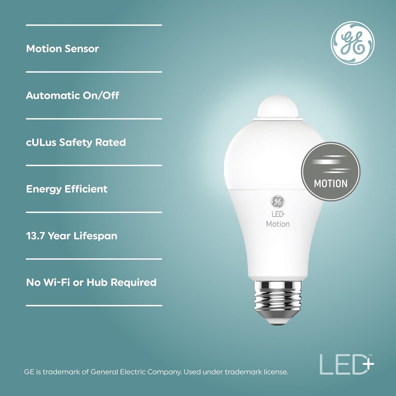GE LED+ Motion LED Light Bulb, Warm White, 75 Watt, A21 Bulbs, Medium Base, 2pk