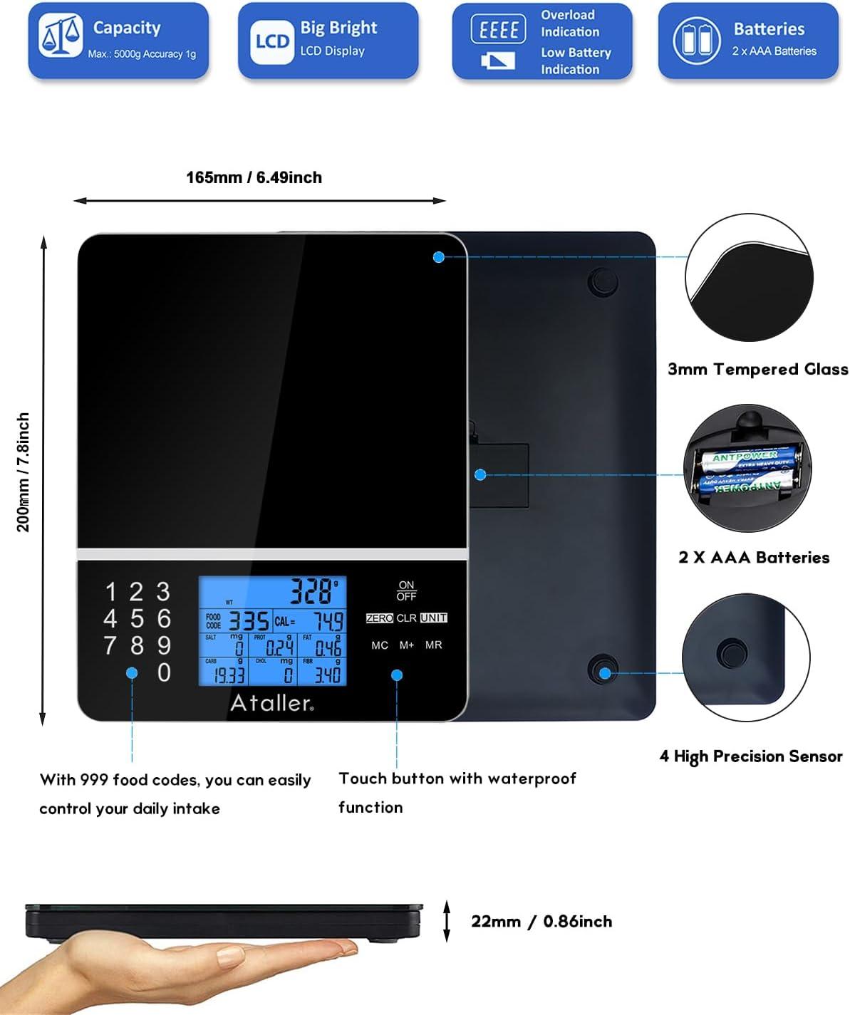 Ataller Black Digital Food Scale with Nutritional Calculator