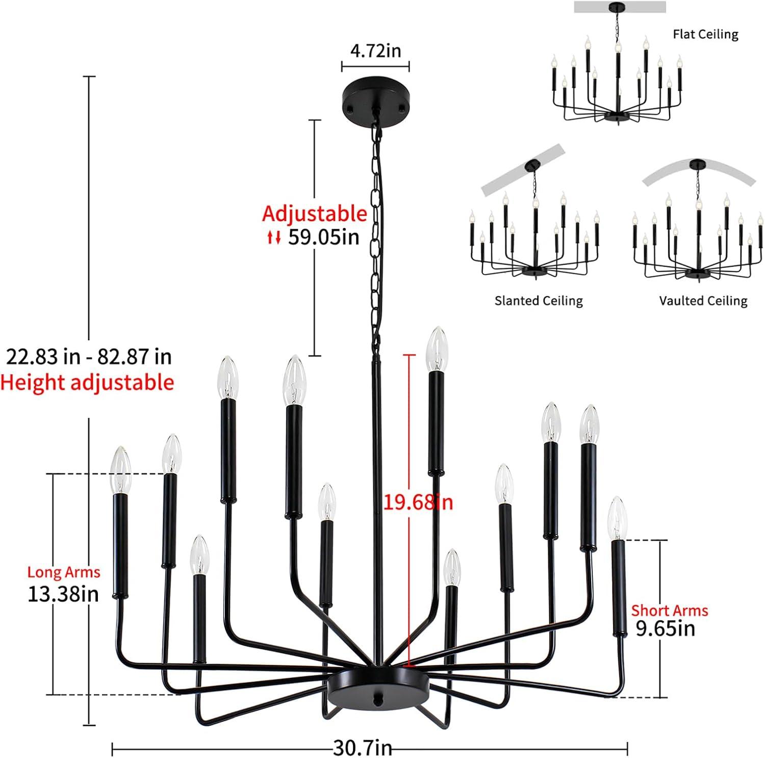 Black Chandelier, 12-Light Farmhouse Chandeliers for Dining Room, Classic Candle Ceiling Pendant Light Fixture for Living Room, Foyer, Kitchen Island, Bedroom, Entryway