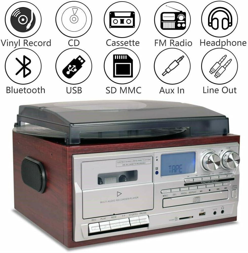 Record Player 9 in 1 3 Speed Bluetooth Vintage Turntable CD Cassette Vinyl Player AM/FM Radio USB/SD Encoding Aux-in RCA Line-Out (Silver)
