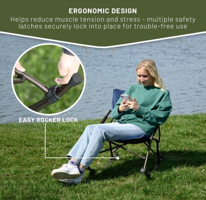 Folding Rocking Camping Chair with Hard Armrests, Portable Outdoor Rocker for Patio, Garden, Lawn, Supports up to 250 lbs, Blue