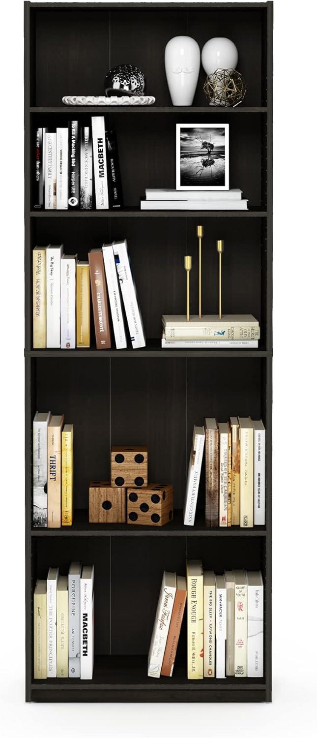 Espresso Adjustable 5-Shelf Wooden Bookcase with Storage Cubes