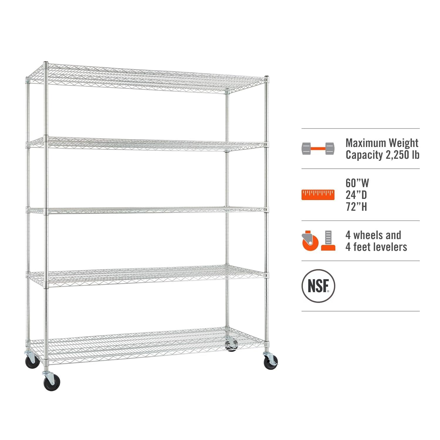 Trinity TRINITY EcoStorage 5-Tier NSF Rolling Steel Wire Shelving Unit w/ Wheels (60 in. W x 24 in. D)