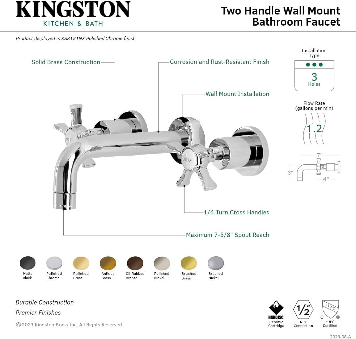 Kingston Brass Hamilton Two-Handle 3-Hole Wall Mount Bathroom Faucet