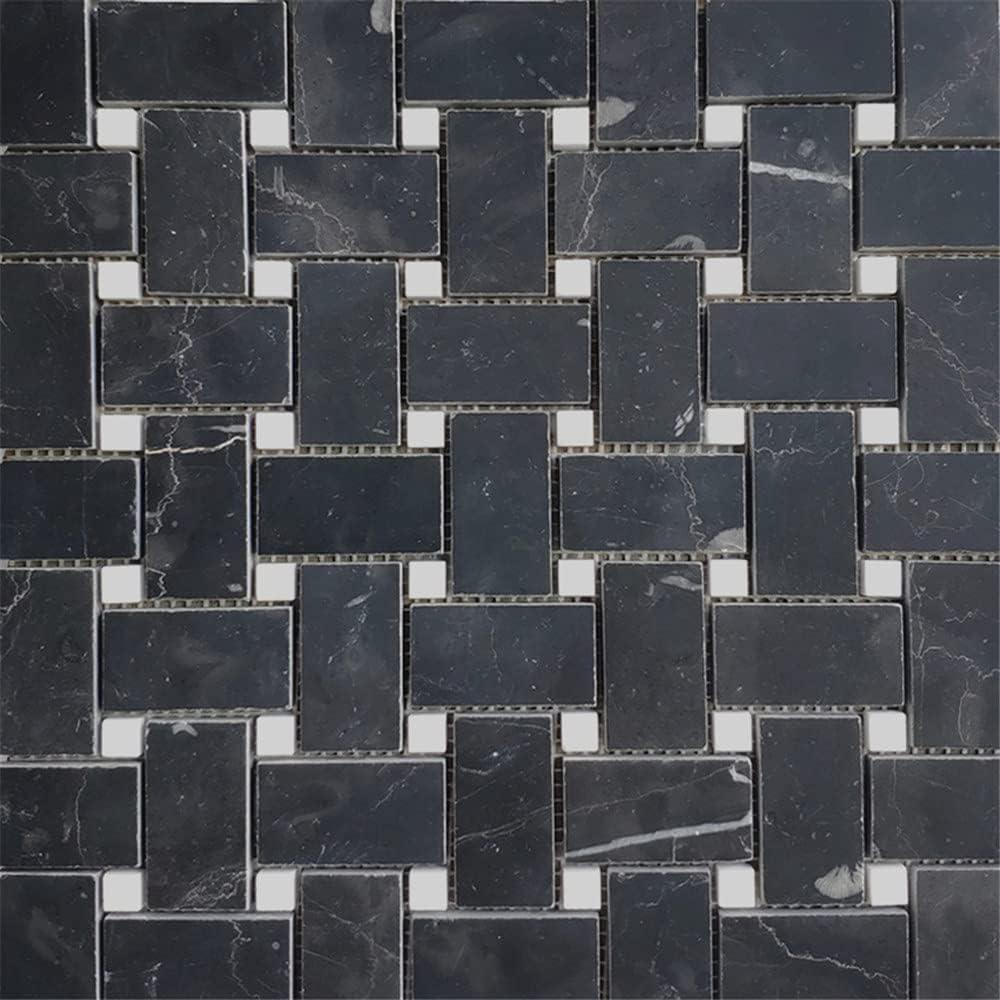 Nero Marquina Black Marble Basketweave Mosaic Tile with White Dots