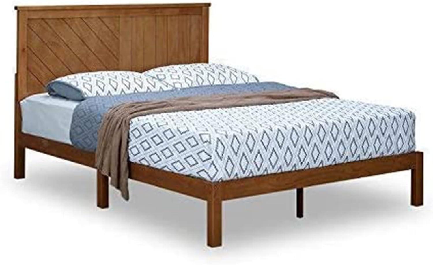 Twin Rustic Pine Wood Platform Bed with Upholstered Headboard and Storage Drawer