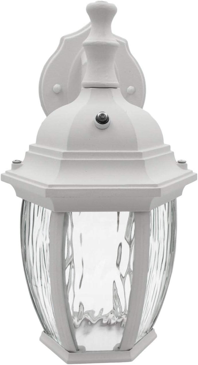 Maxxima LED Outdoor Wall Light, White w/ Clear Water Glass, Dusk to Dawn Sensor, 580 Lumens, 3000K Warm White