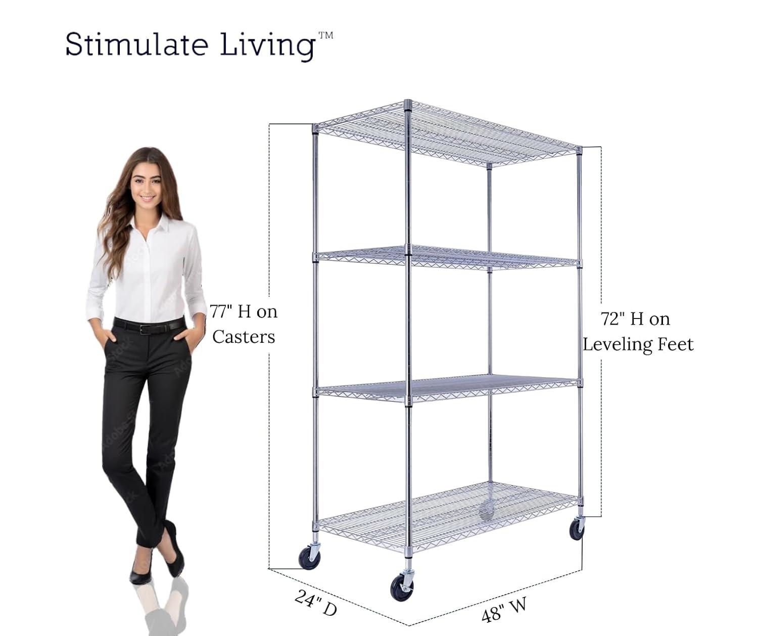 48"x24"x72" Prime Heavy Duty Black 4-Tier Wire Shelving NSF 3200 LBS MAX Capacity Storage Rack for Commercial, Hospital, School, Garage, and Kitchen Uses (with Wheels)