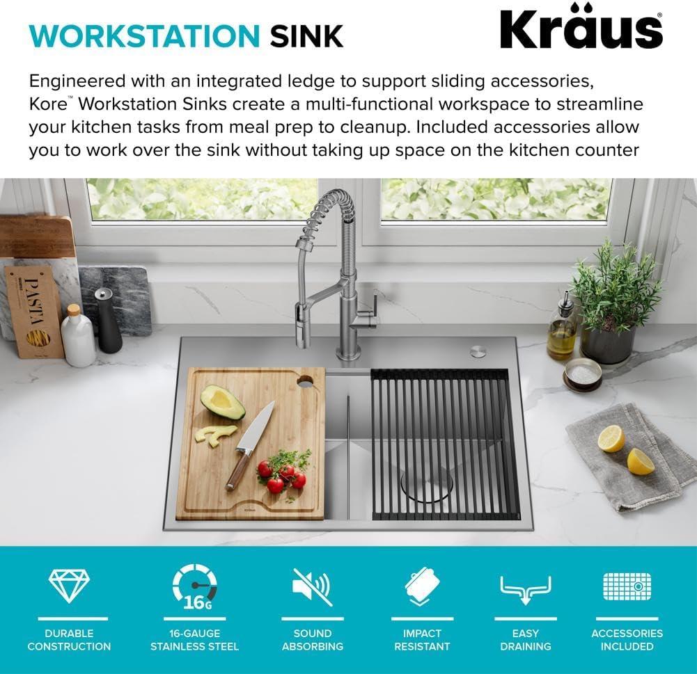 KRAUS Kore™ 30" L Drop-In Workstation 16 Gauge Stainless Steel Double Bowl Kitchen Sink with Accessories