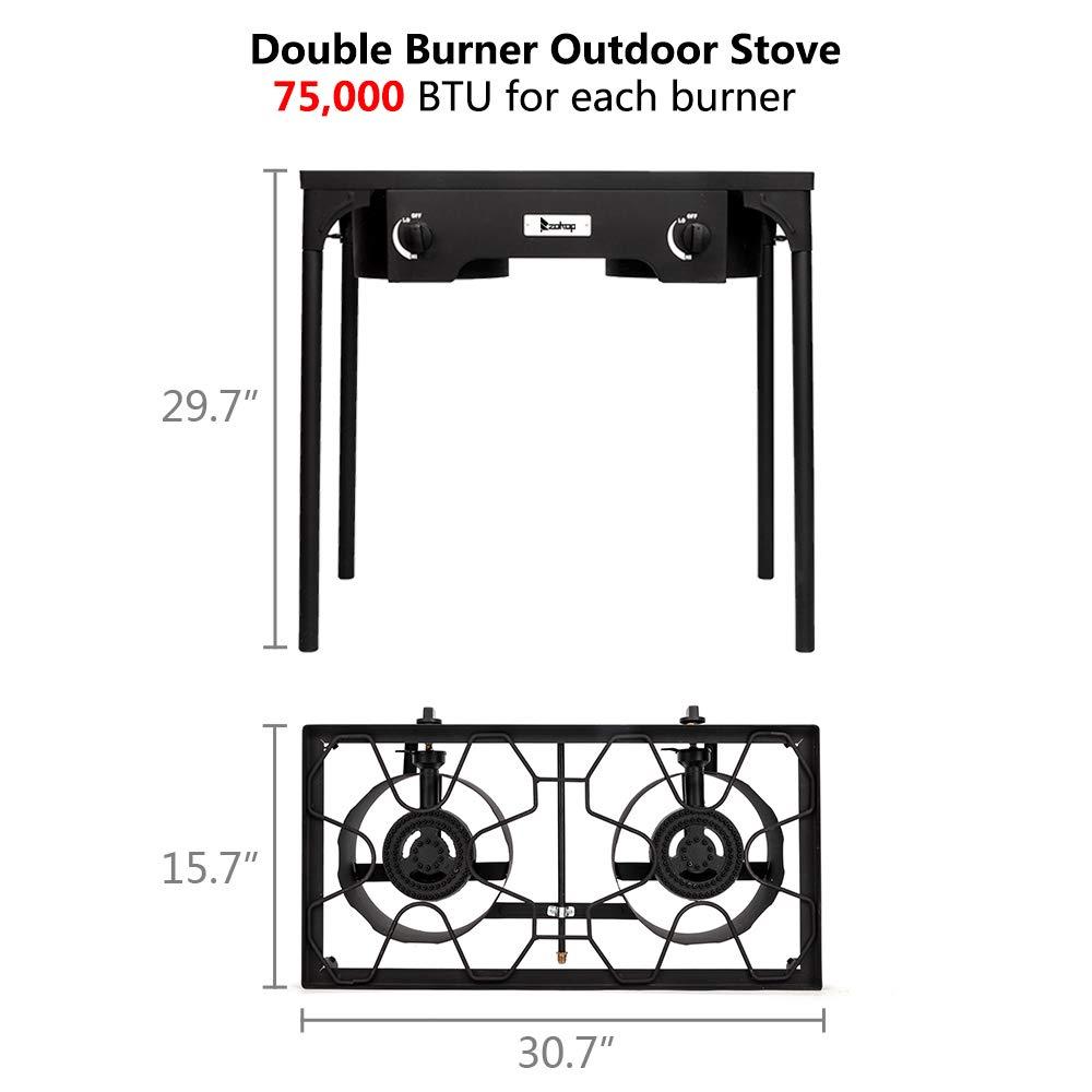 Hassch Outdoor Camp Stove Propane Gas Cooker Portable Cast Iron Patio Cooking Burner (Double Burner 150000-BTU), Black