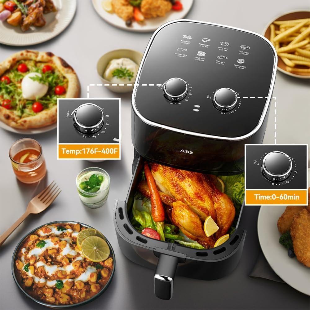 ASZ 5qt Air Fryer Compact Knob with Window 1400W Visual Basket 400℉ New Black