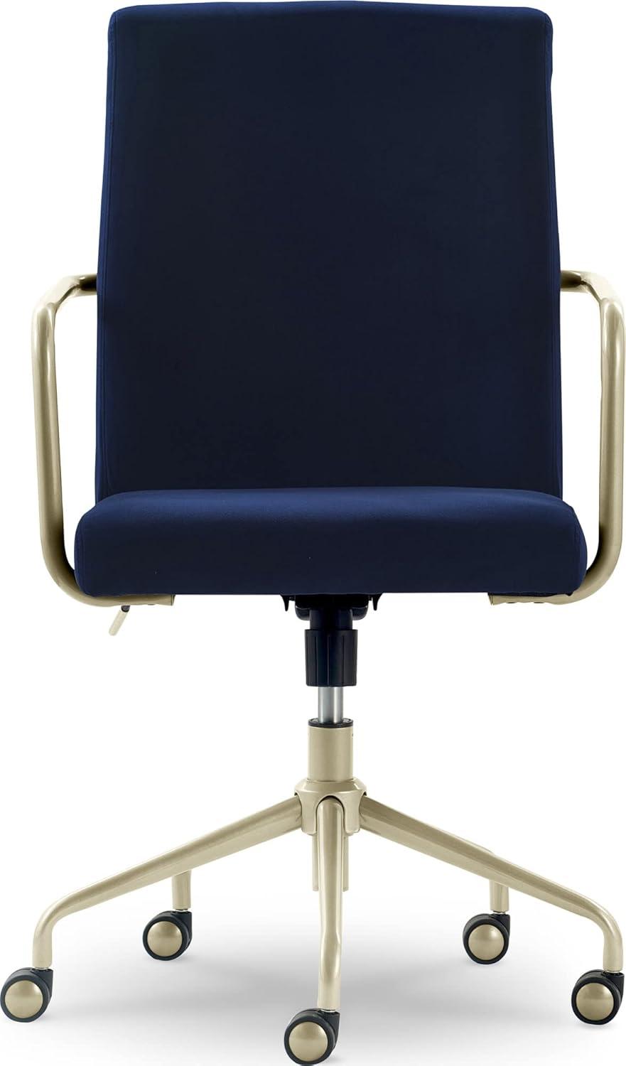 Mid-Century Modern Velvet Navy Blue Executive Swivel Chair with Gold Metal Trim