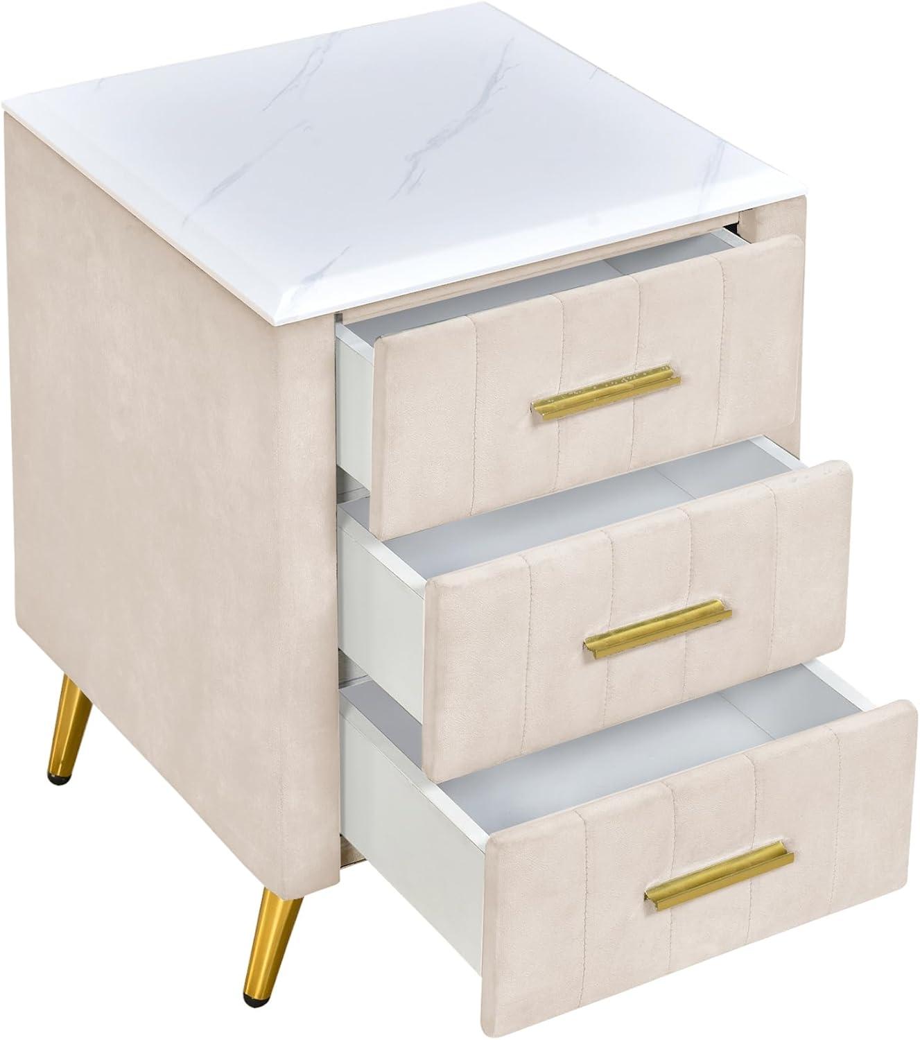Churanty Upholstered Wooden Nightstand with 3 Drawers and Metal Legs & Handles,Bedside Table with Marbling Worktop,Beige