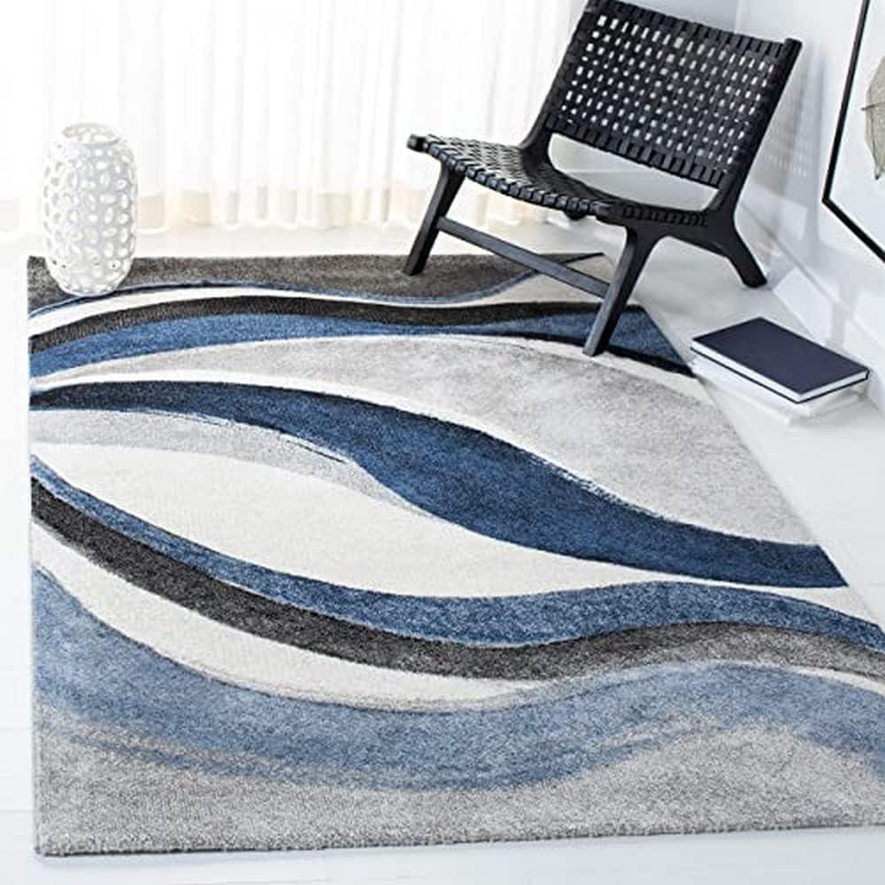 Mid-Century Modern Geometric Grey/Blue Synthetic Area Rug, 6'7" x 9'