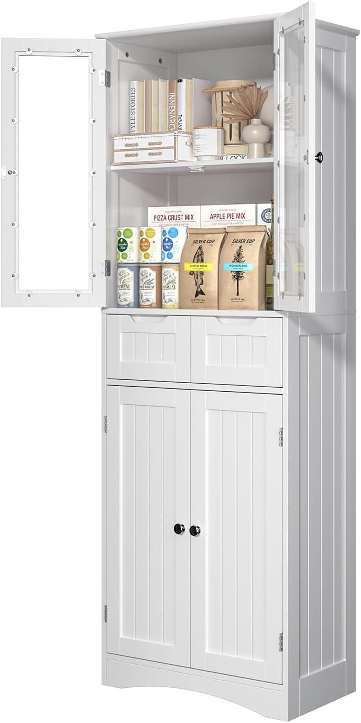 Gizoon 67" Tall Storage Cabinet, Freestanding Kitchen Pantry Cabinet with Glass Door & 2 Shelves & 2 Drawers, Stylish Linen Storage Cabinet for Home, Bathroom, Living Room, Office, White