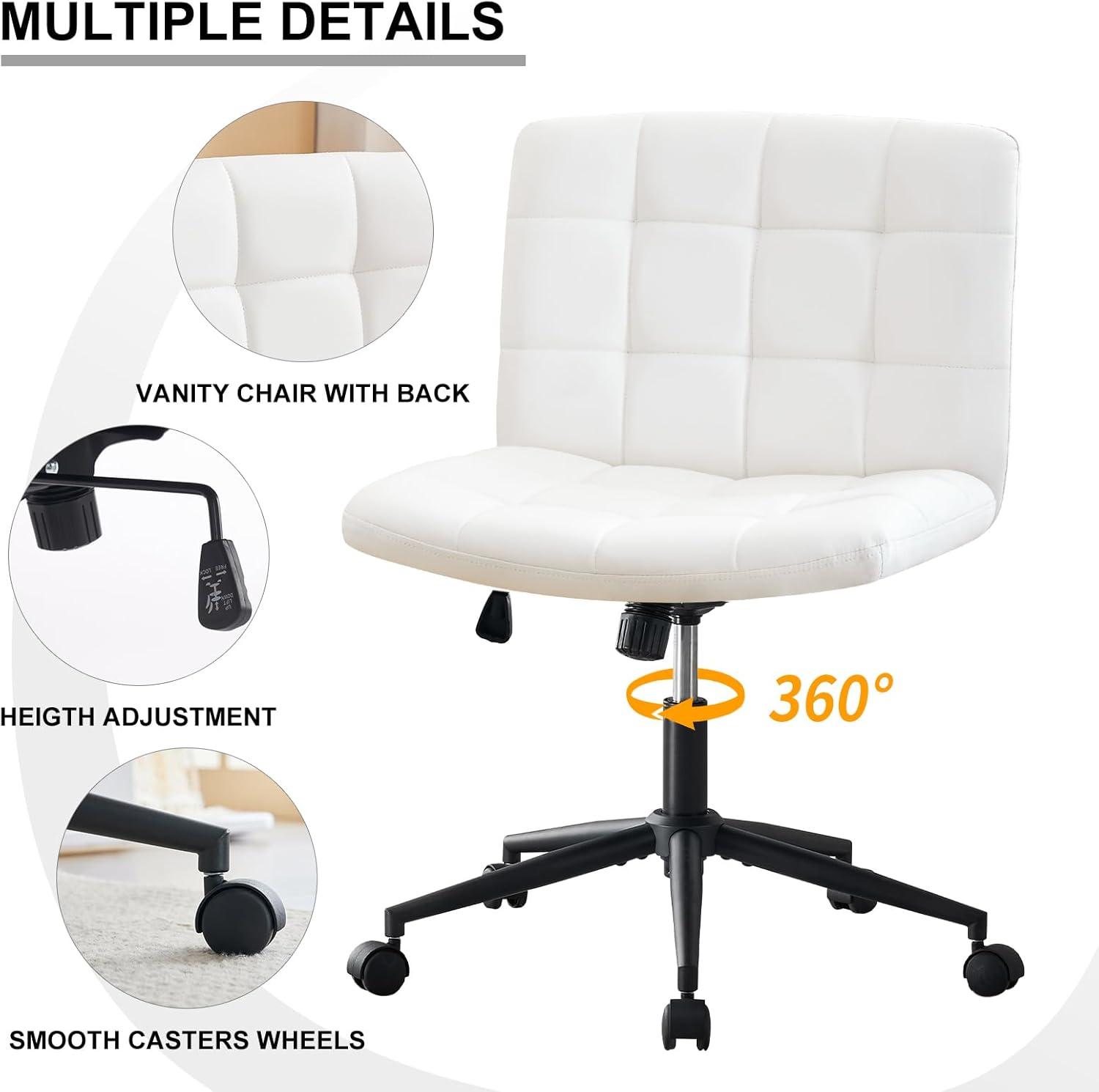 Modern Armless Home Office Chair Wide Desk Chair with Wheels Swivel Task Chair for Home Office, Bedroom. PU-Ivorywhite