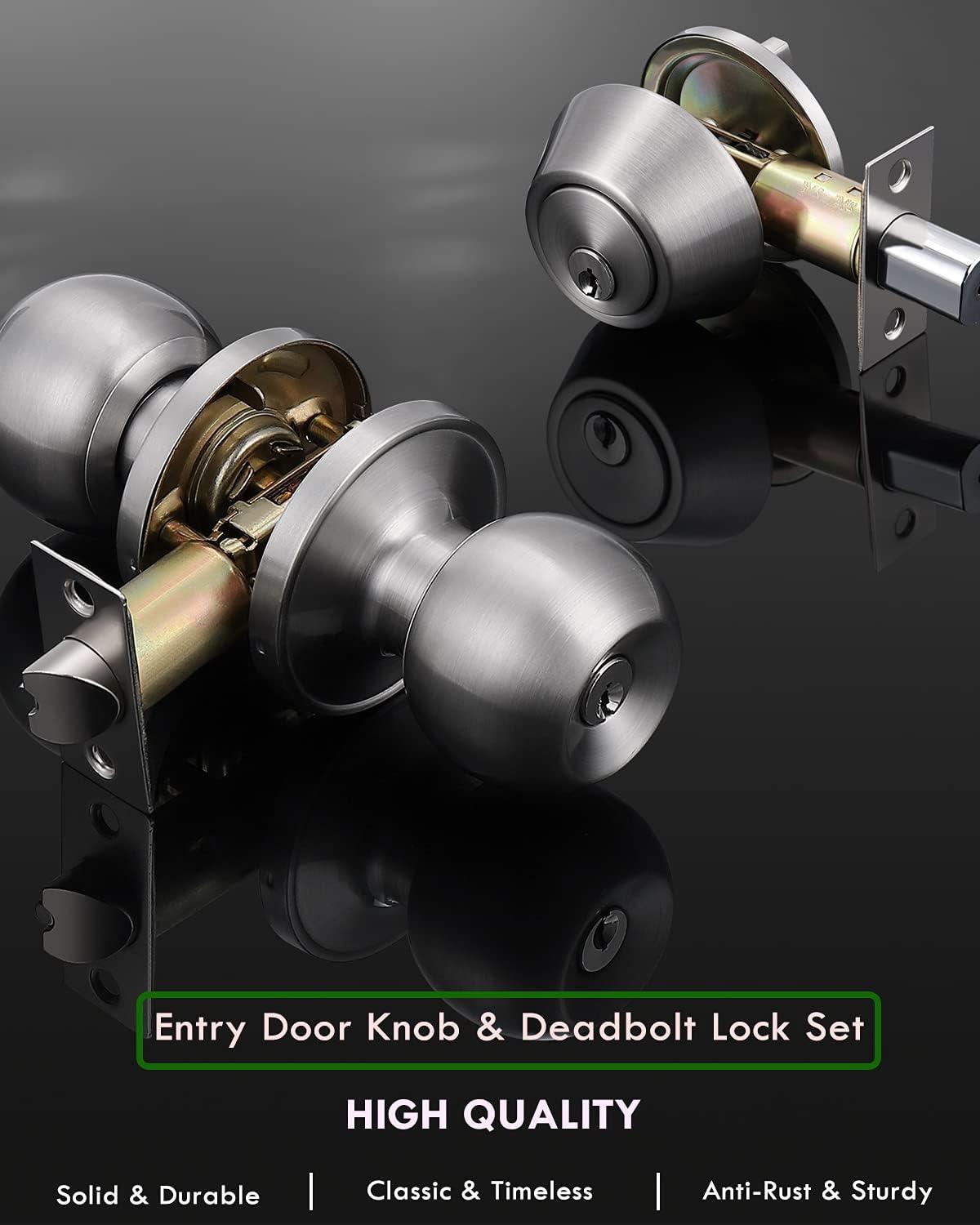 Satin Nickel Keyed Alike Entry Door Knobs and Deadbolts Set