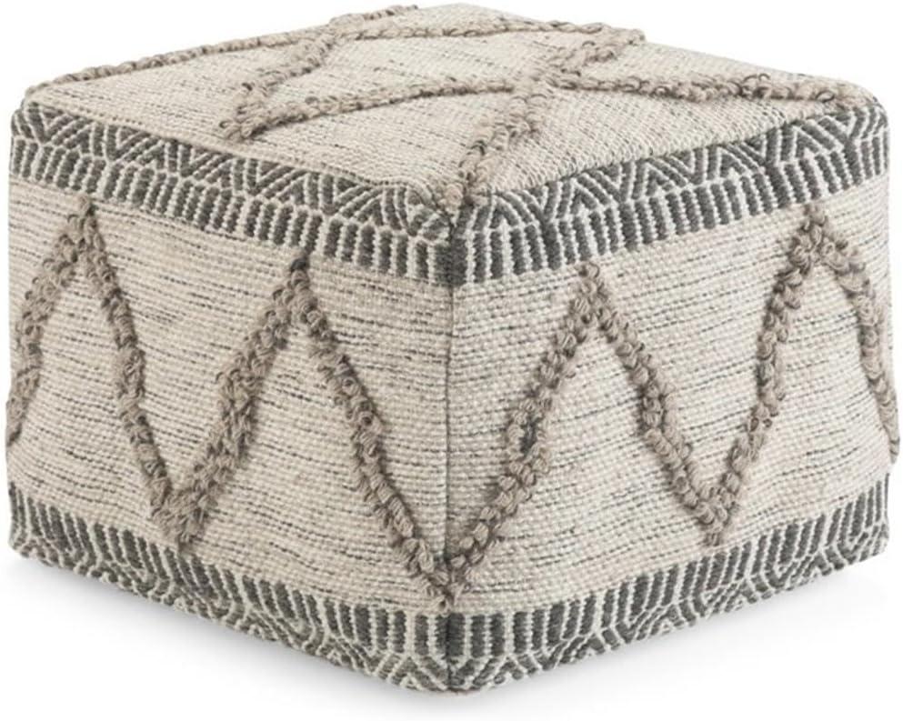 Simpli Home Sweeney Boho Square Pouf in Gray and Natural Handloom Woven Pattern