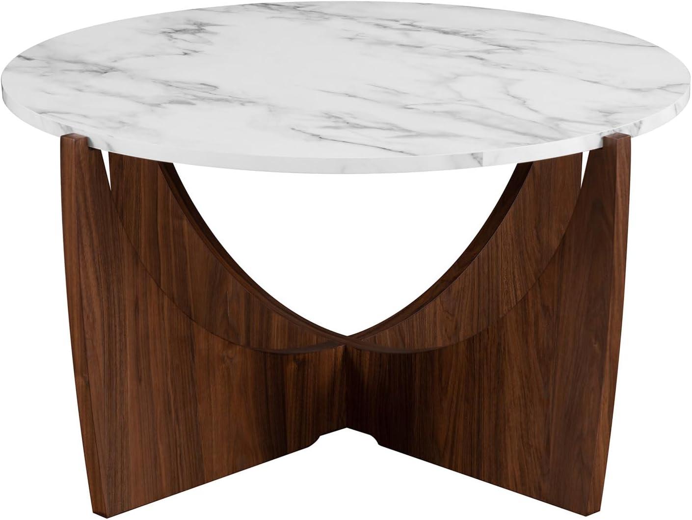 Walker Edison Modern Round Scoop-Base 35” Coffee Table - Calacatta Marble/Dark Walnut