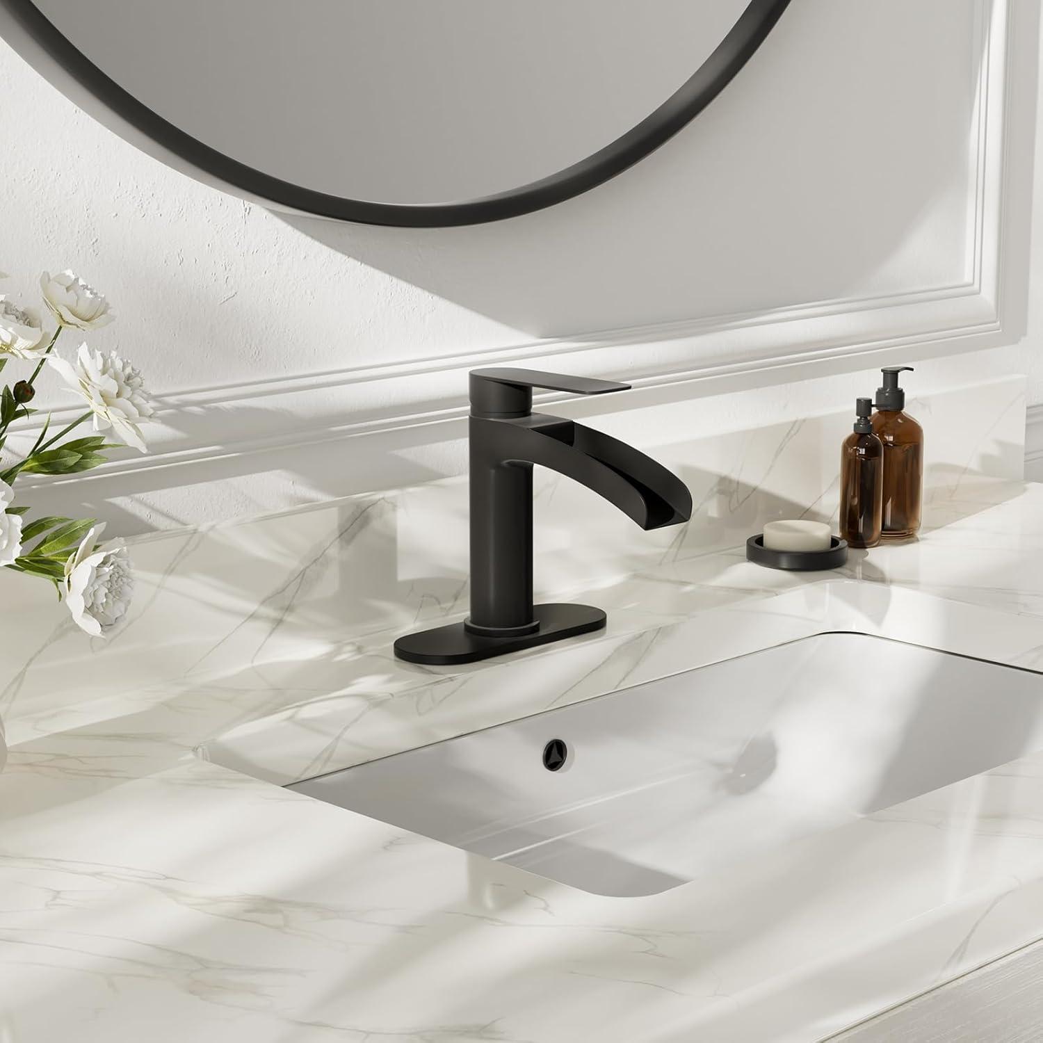Phiestina Matte Black Single Hole Waterfall Bathroom Sink Faucet Single Handle, with 6-Inch Deck Plate & Metal Pop Up Drain Assembly, NS-SF01-MB