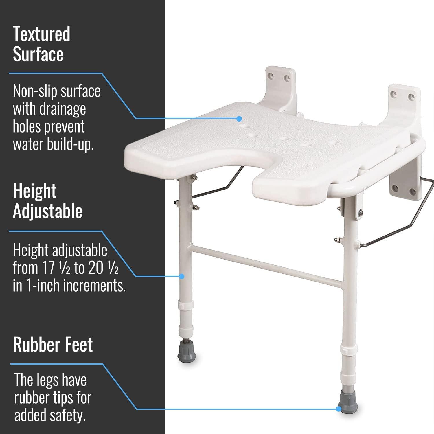 HealthSmart Wall Mount Fold Away Bath Chair Shower Seat Bench with Adjustable Legs, FSA and HSA Eligible, Seat 16 x 16 Inches, White