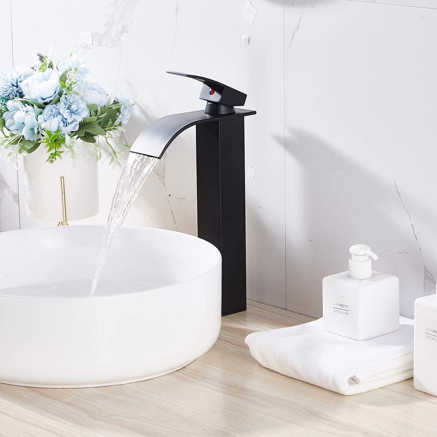 Waterfall Bathroom Faucet Single Handle，Bathroom Sink Faucet 1 Hole，Waterfall Faucet for Bathroom Sink，Vessel Sink Faucet Matte Black Tall Bathroom Faucet