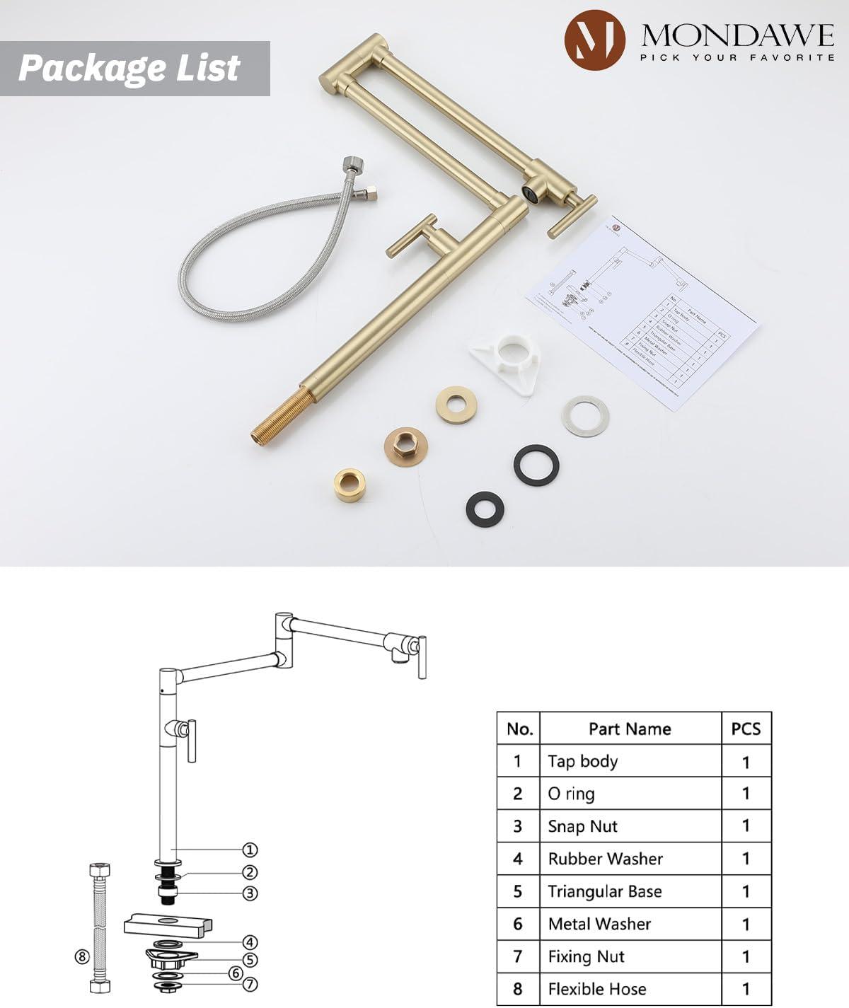 Pot Filler Faucet Wall Mount Kitchen Sink Faucet Stove Pot Filling Faucet with Double Joint Swing Arms Folding Faucet, Solid Brass Material, Lead-Free, Single Hole, Brushed Gold