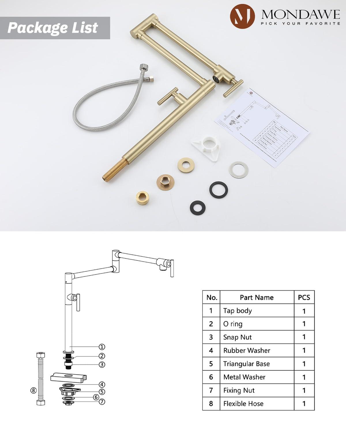 Pot Filler Faucet Wall Mount Kitchen Sink Faucet Stove Pot Filling Faucet with Double Joint Swing Arms Folding Faucet, Solid Brass Material, Lead-Free, Single Hole, Brushed Gold