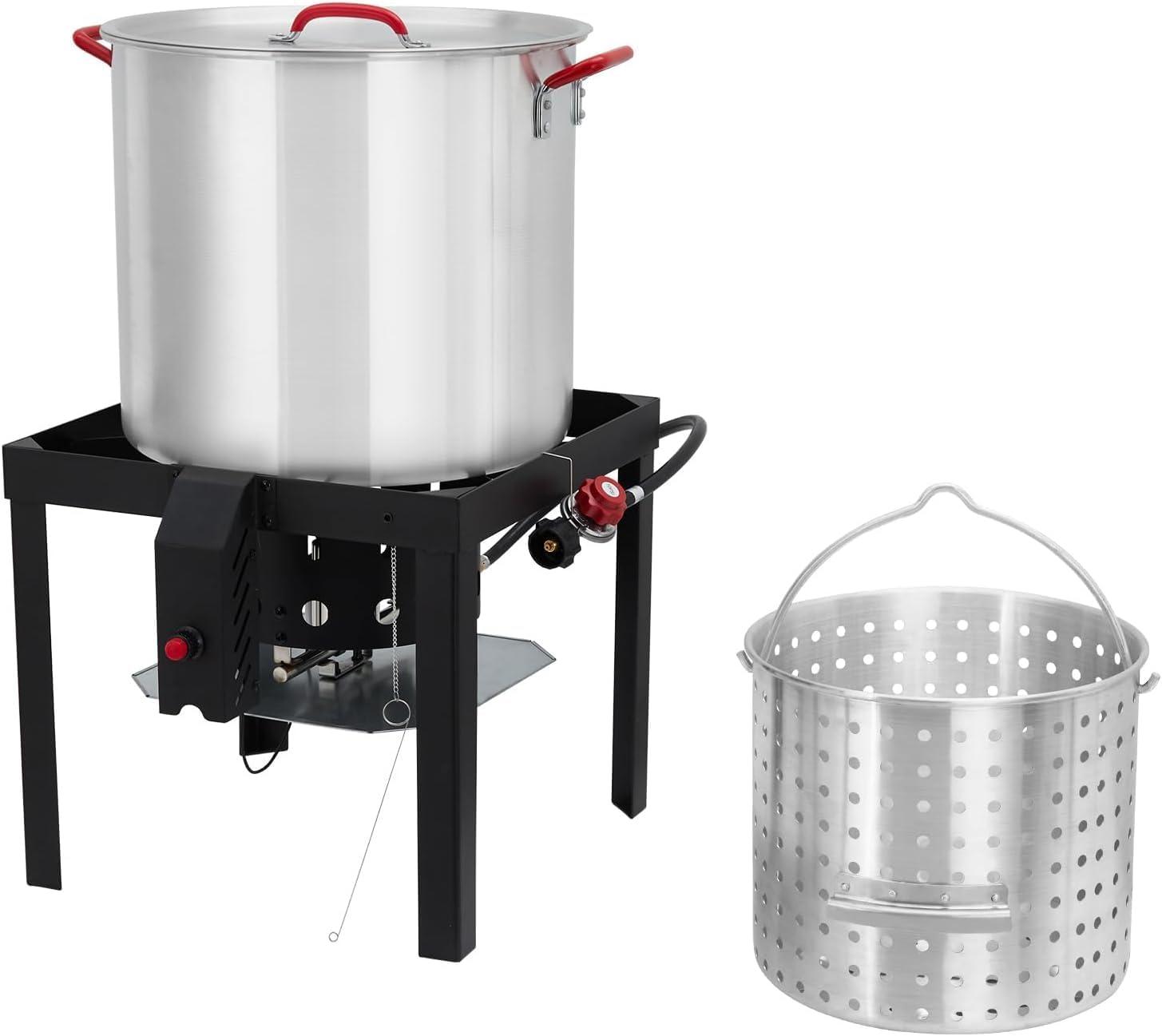 TROPOW 100 Qt Seafood Boil Pot,ACONEE Aluminum Crawfish Boiler w/Steam/Boil Basket & Strainer,110000 BTU Propane Stove Burner with Lifting Hook,10 PSI Regulator,Outdoor Cooking Shrimp Crab Boiler