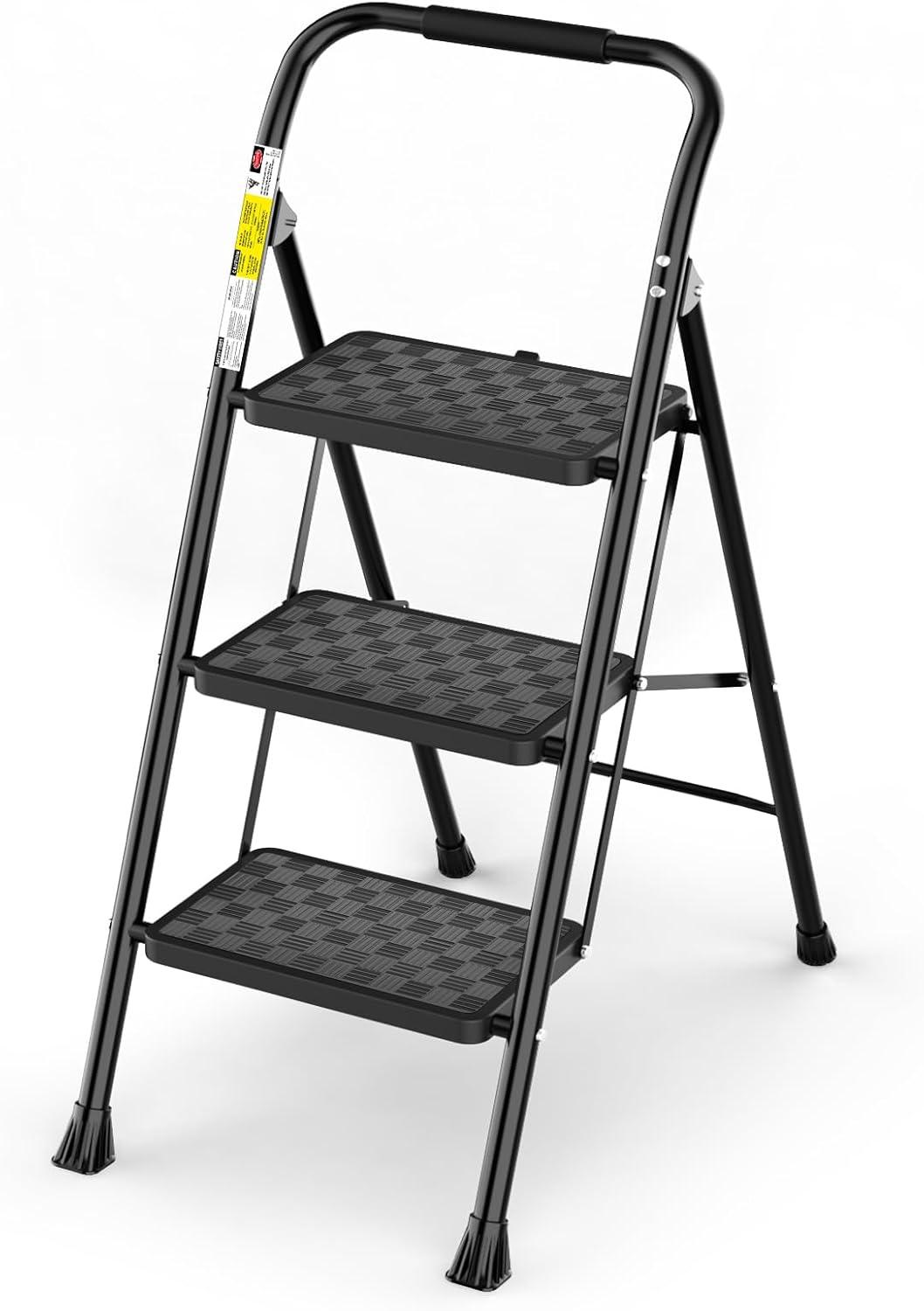 Black Folding 3-Step Ladder with Cushioned Handle